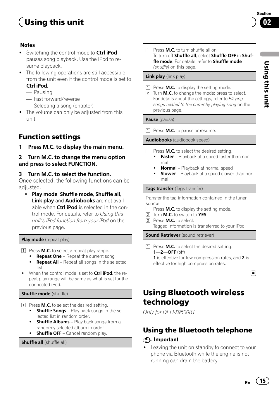 Using bluetooth wireless technology, Function settings, Using the bluetooth telephone | Using this unit | Pioneer DEH-X9500BT User Manual | Page 15 / 40