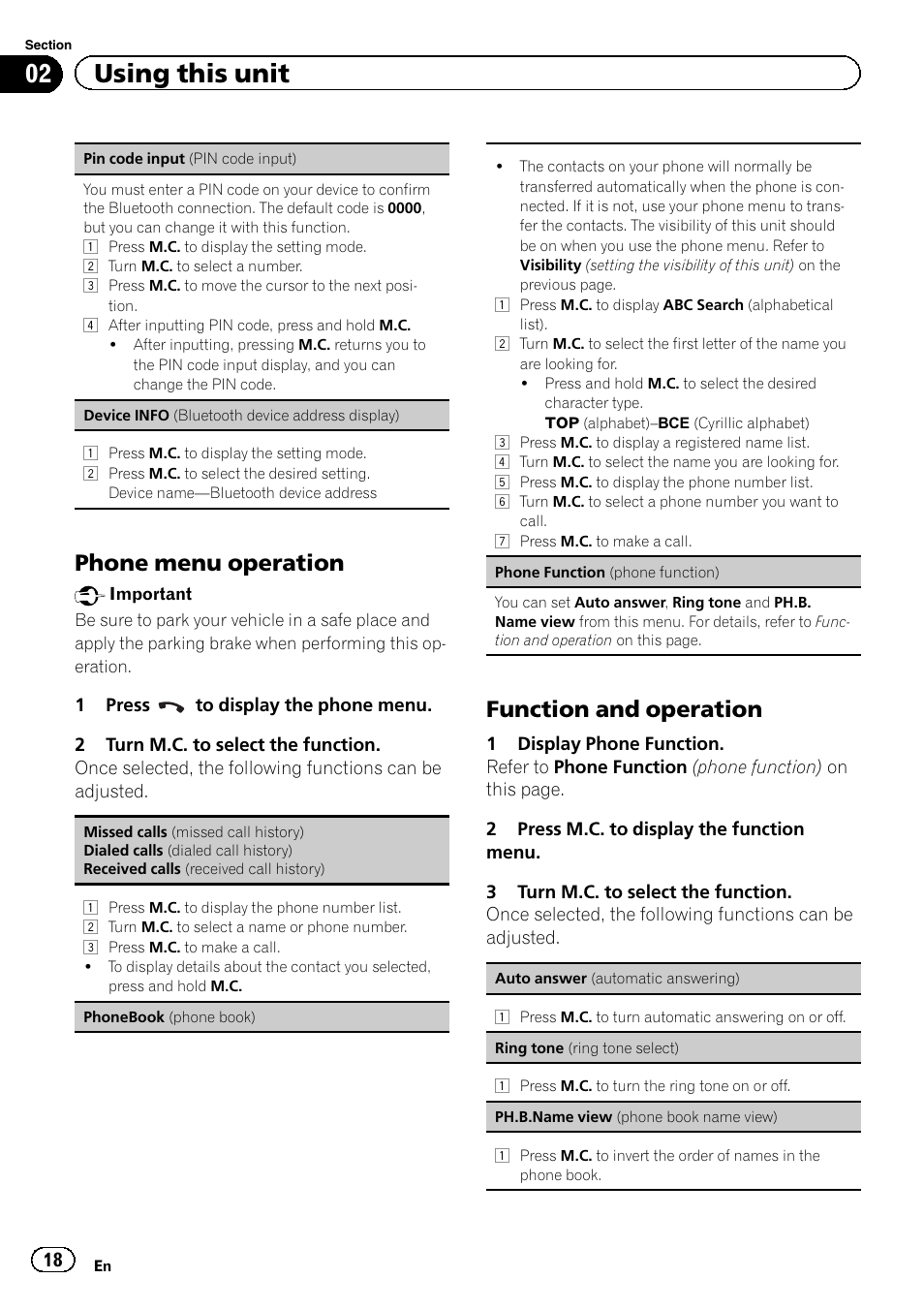 02 using this unit, Phone menu operation, Function and operation | Pioneer DEH-X9500BT User Manual | Page 18 / 40