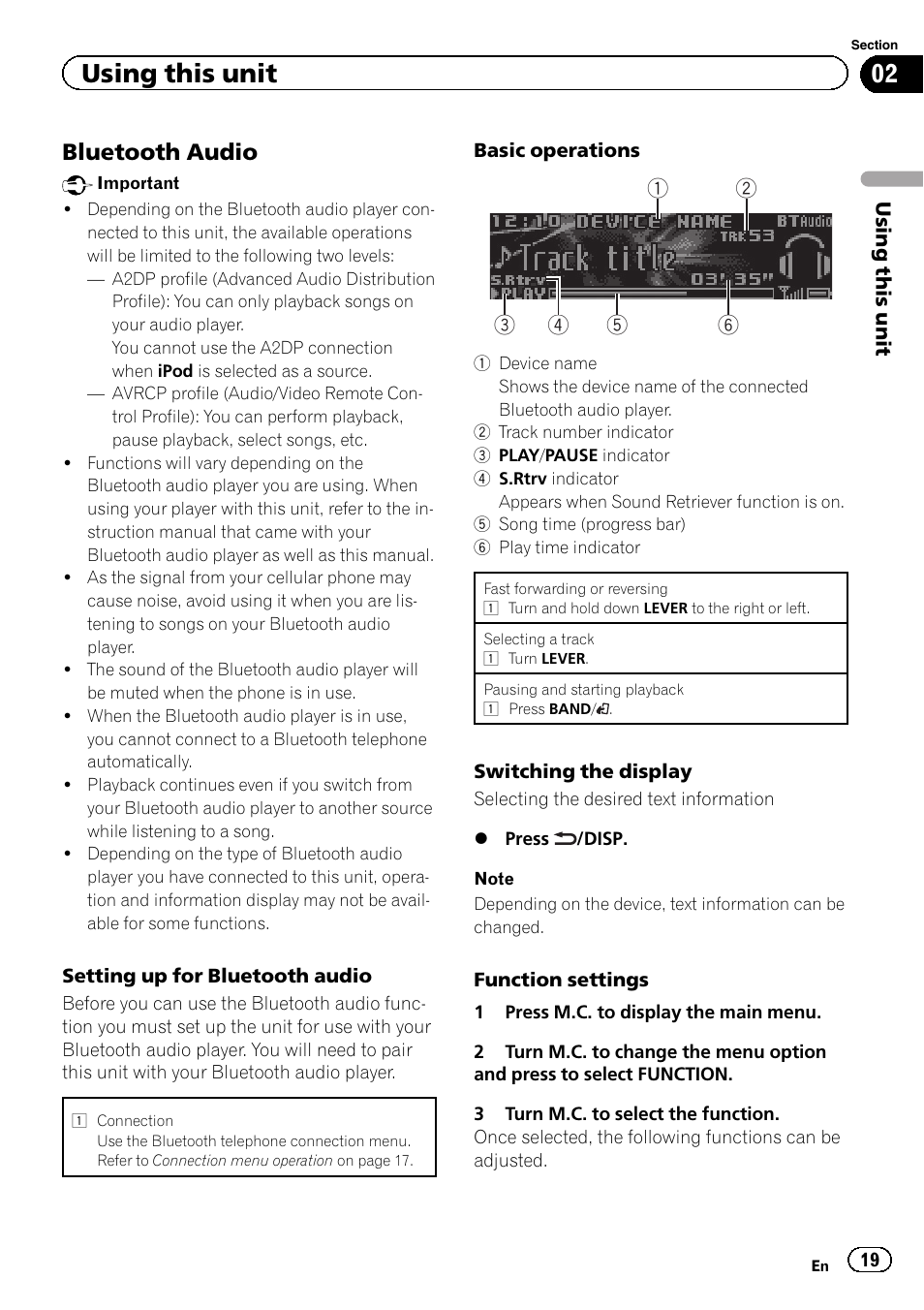 Using this unit, Bluetooth audio | Pioneer DEH-X9500BT User Manual | Page 19 / 40