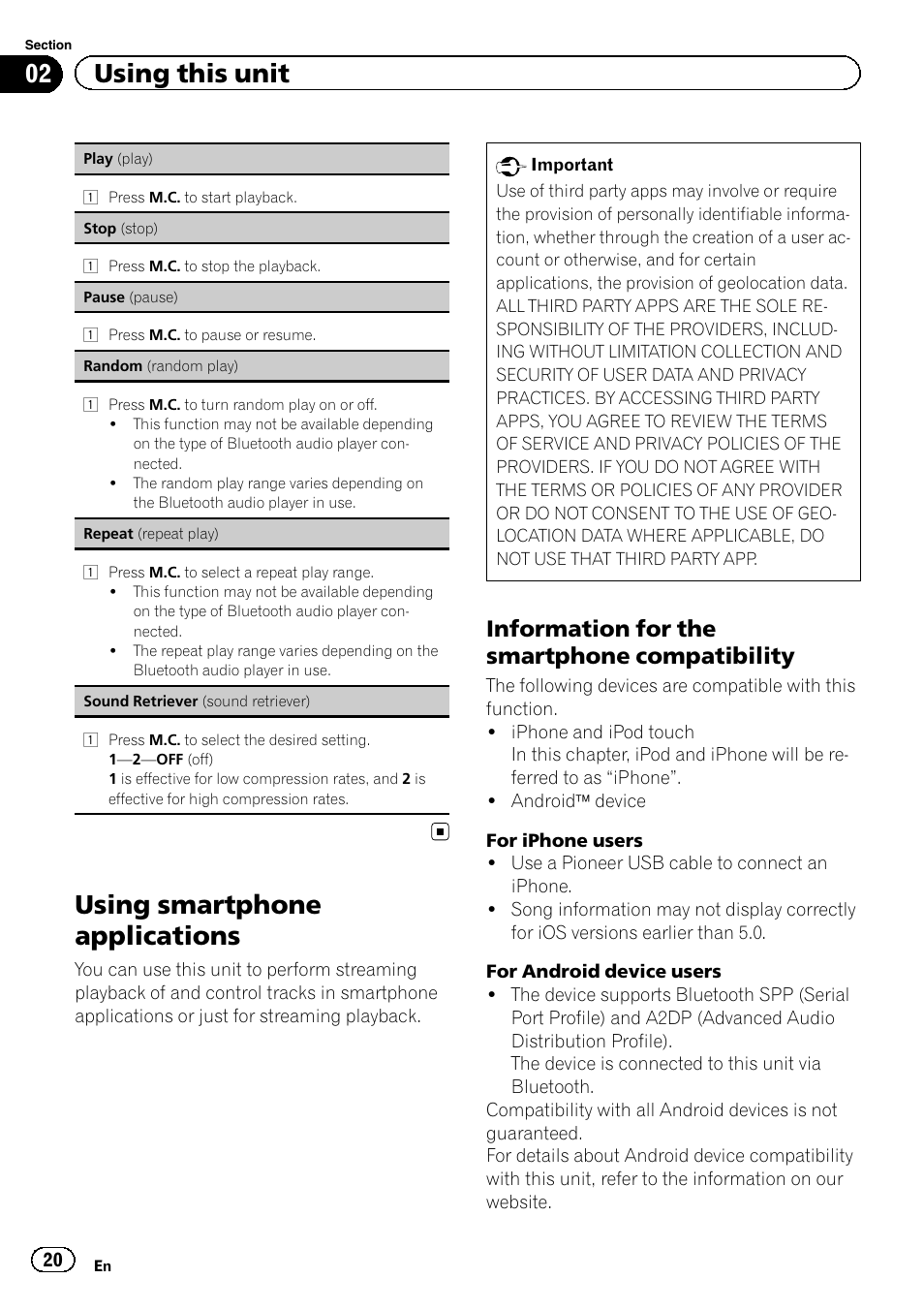 Using smartphone applications, 02 using this unit, Information for the smartphone compatibility | Pioneer DEH-X9500BT User Manual | Page 20 / 40