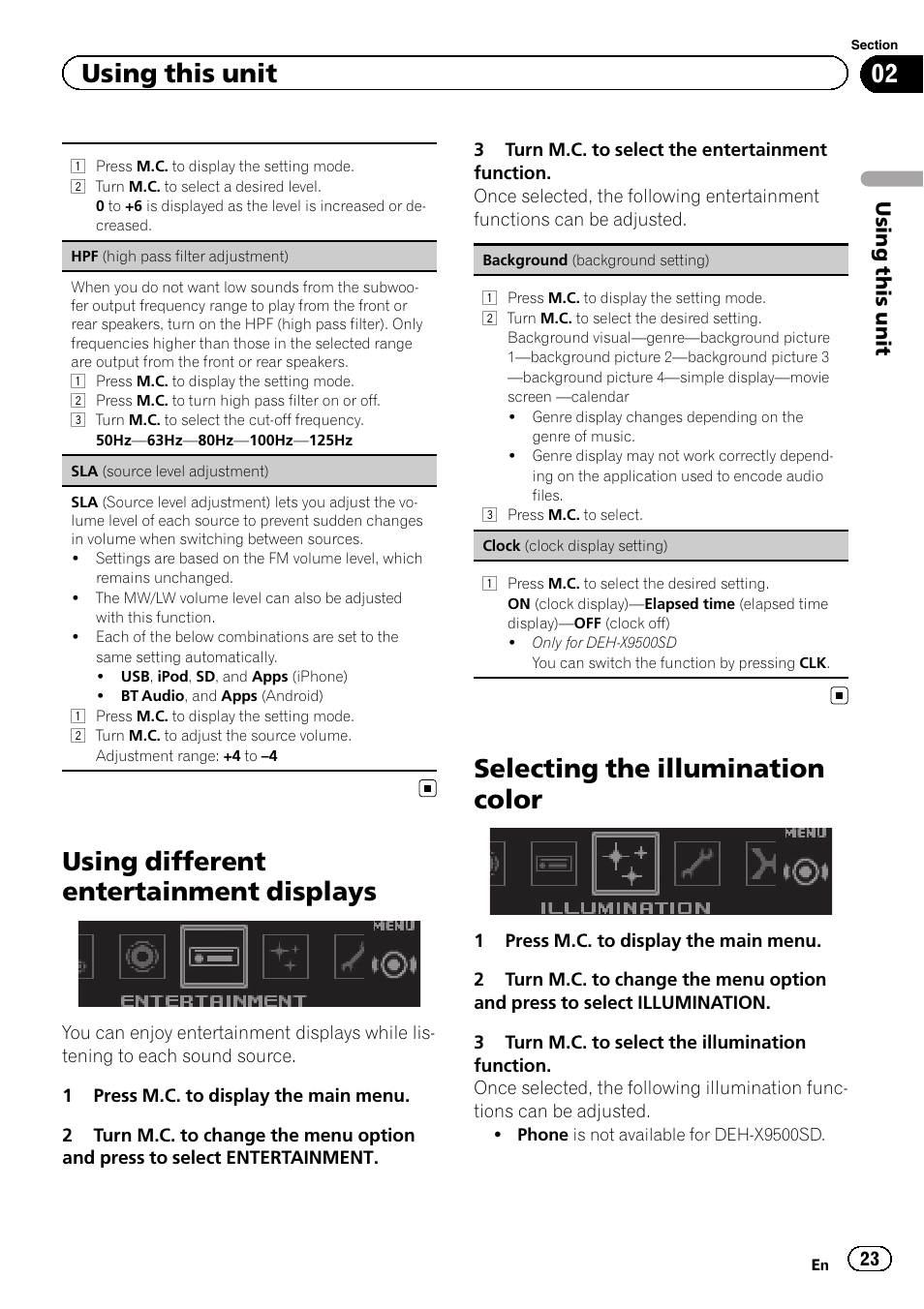 Using different entertainment displays, Selecting the illumination color, Using this unit | Pioneer DEH-X9500BT User Manual | Page 23 / 40