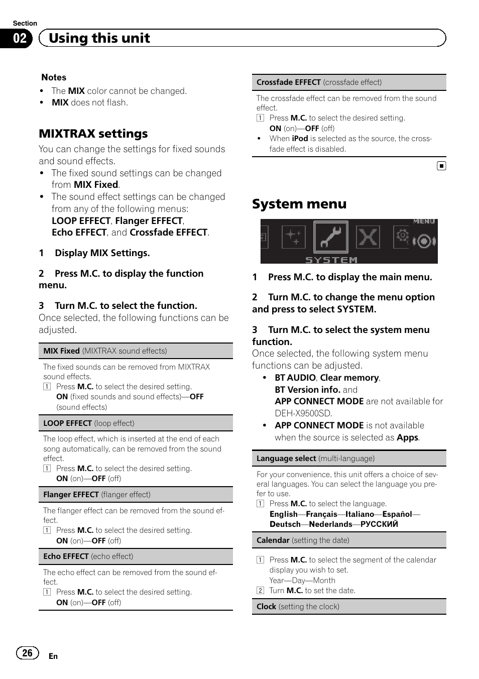 System menu, 02 using this unit, Mixtrax settings | Pioneer DEH-X9500BT User Manual | Page 26 / 40