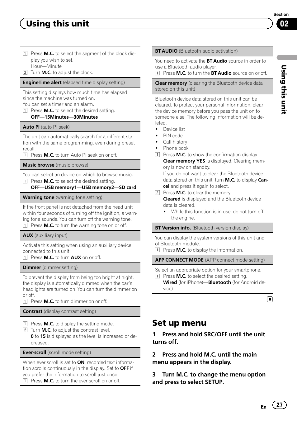 Set up menu, Using this unit | Pioneer DEH-X9500BT User Manual | Page 27 / 40