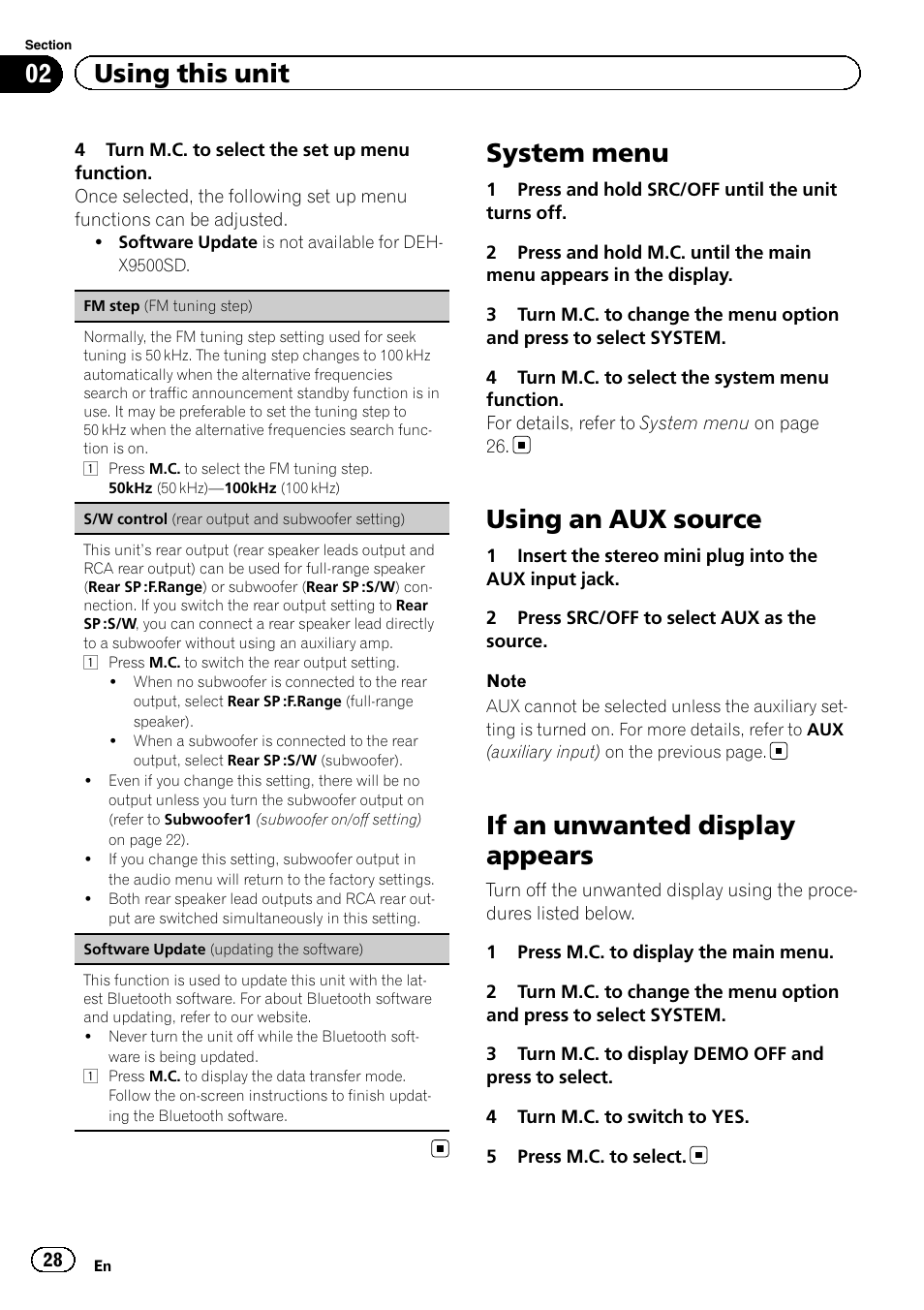 System menu, Using an aux source, If an unwanted display appears | 02 using this unit | Pioneer DEH-X9500BT User Manual | Page 28 / 40