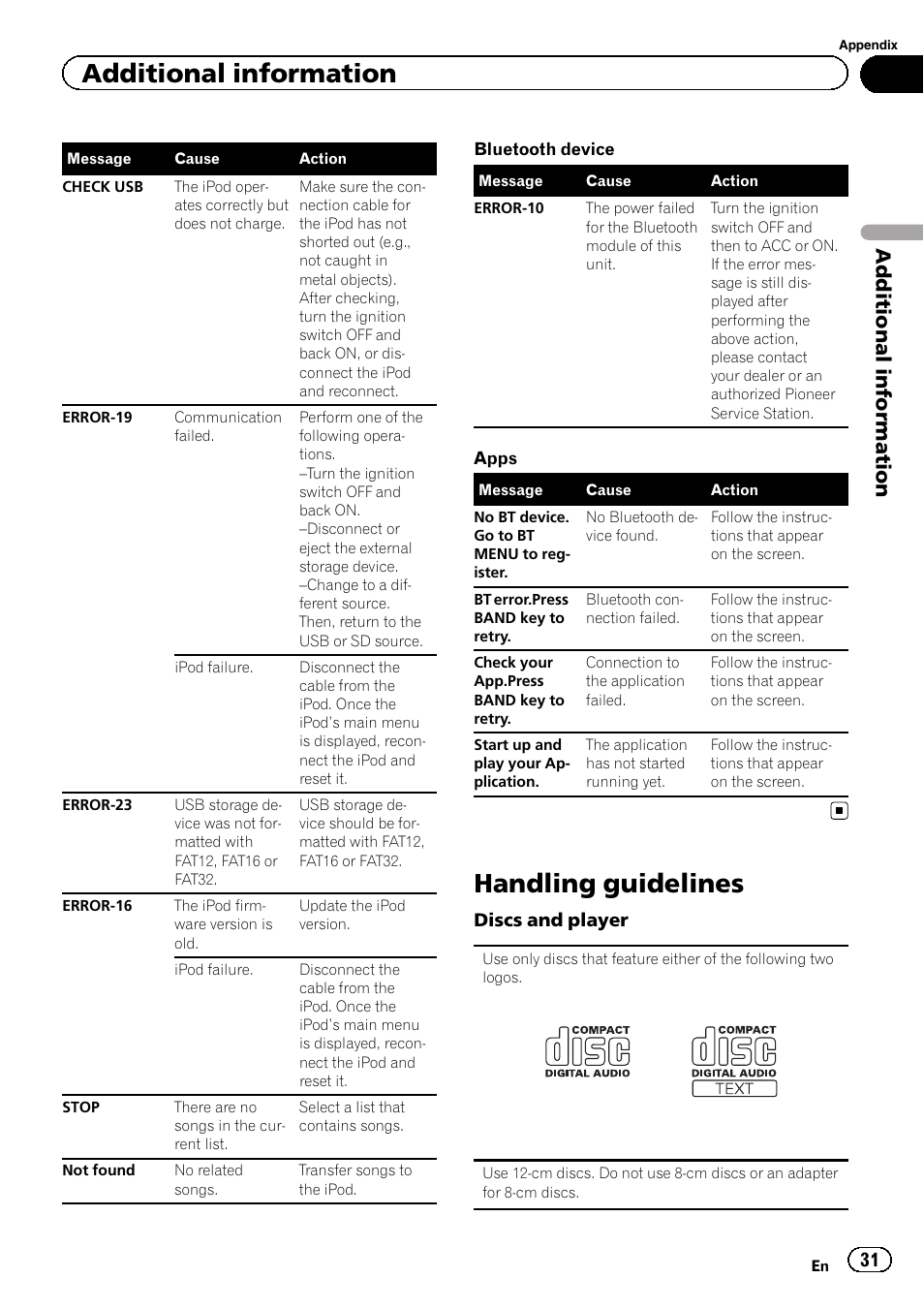 Handling guidelines, Additional information | Pioneer DEH-X9500BT User Manual | Page 31 / 40