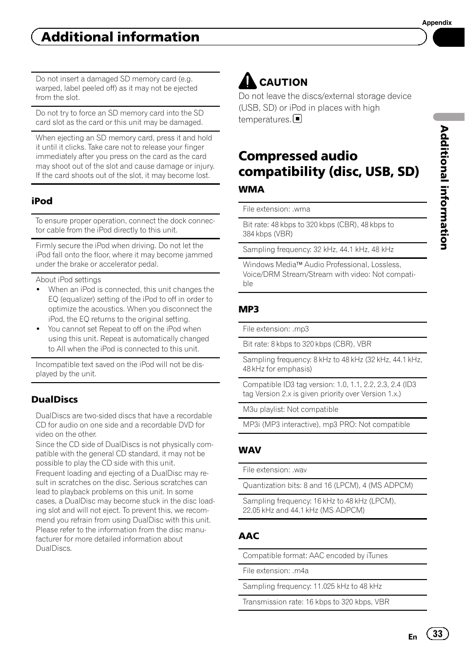 Compressed audio compatibility (disc, usb, Compressed audio compatibility (disc, usb, sd), Additional information | Pioneer DEH-X9500BT User Manual | Page 33 / 40