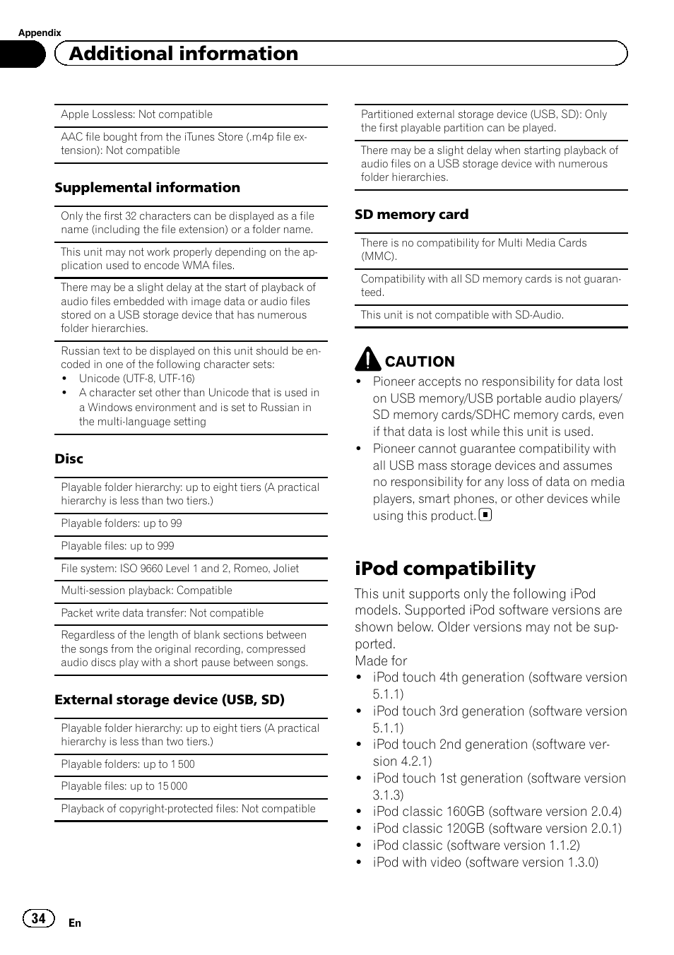 Ipod compatibility, Additional information | Pioneer DEH-X9500BT User Manual | Page 34 / 40