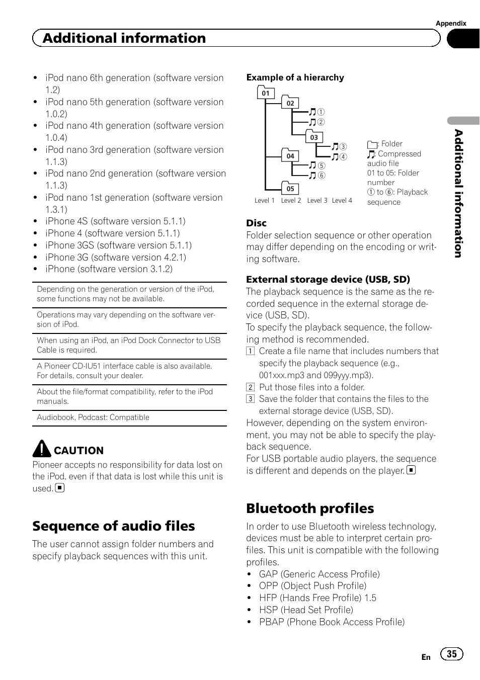 Sequence of audio files, Bluetooth profiles, Additional information | Pioneer DEH-X9500BT User Manual | Page 35 / 40