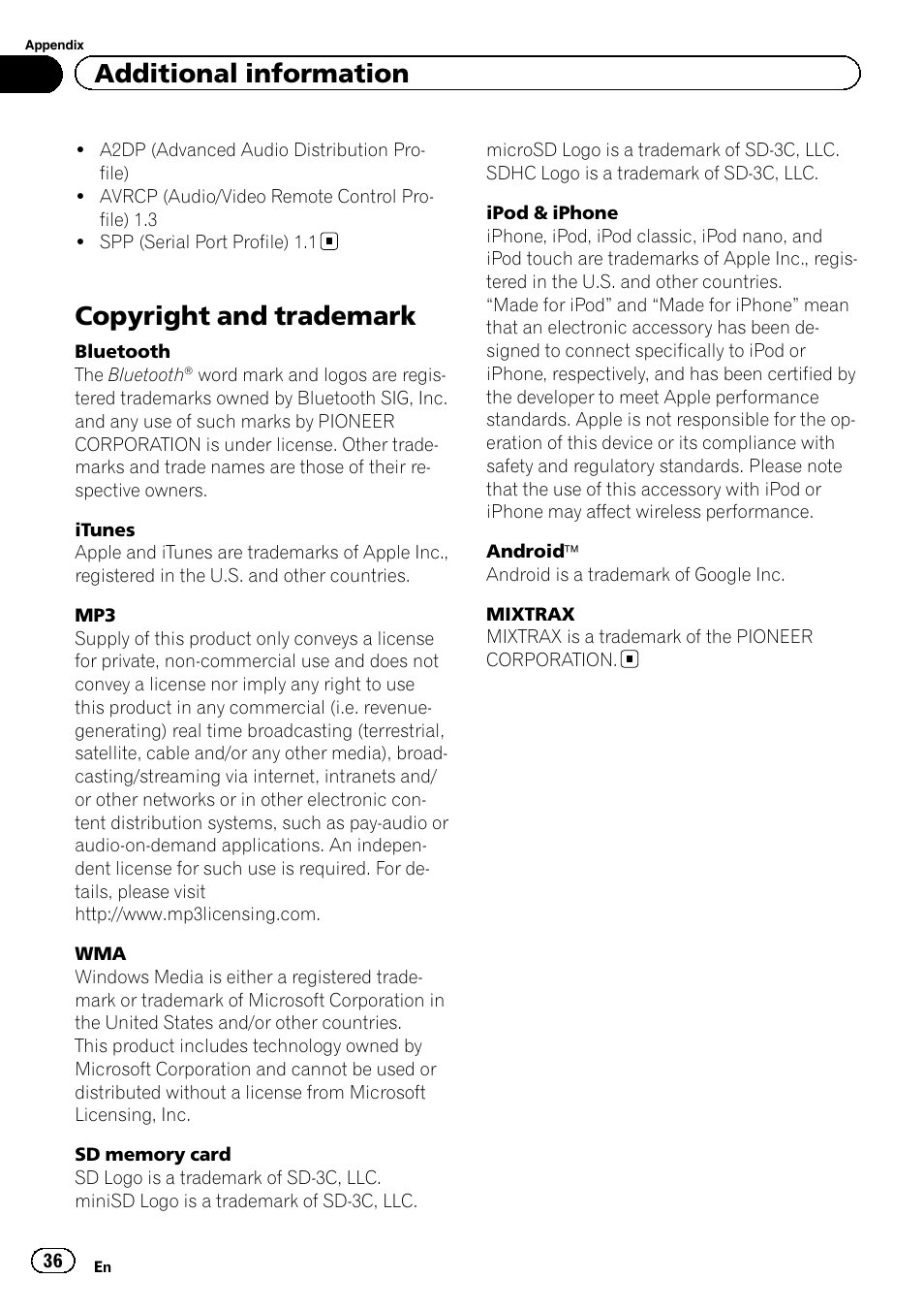 Copyright and trademark, Additional information | Pioneer DEH-X9500BT User Manual | Page 36 / 40