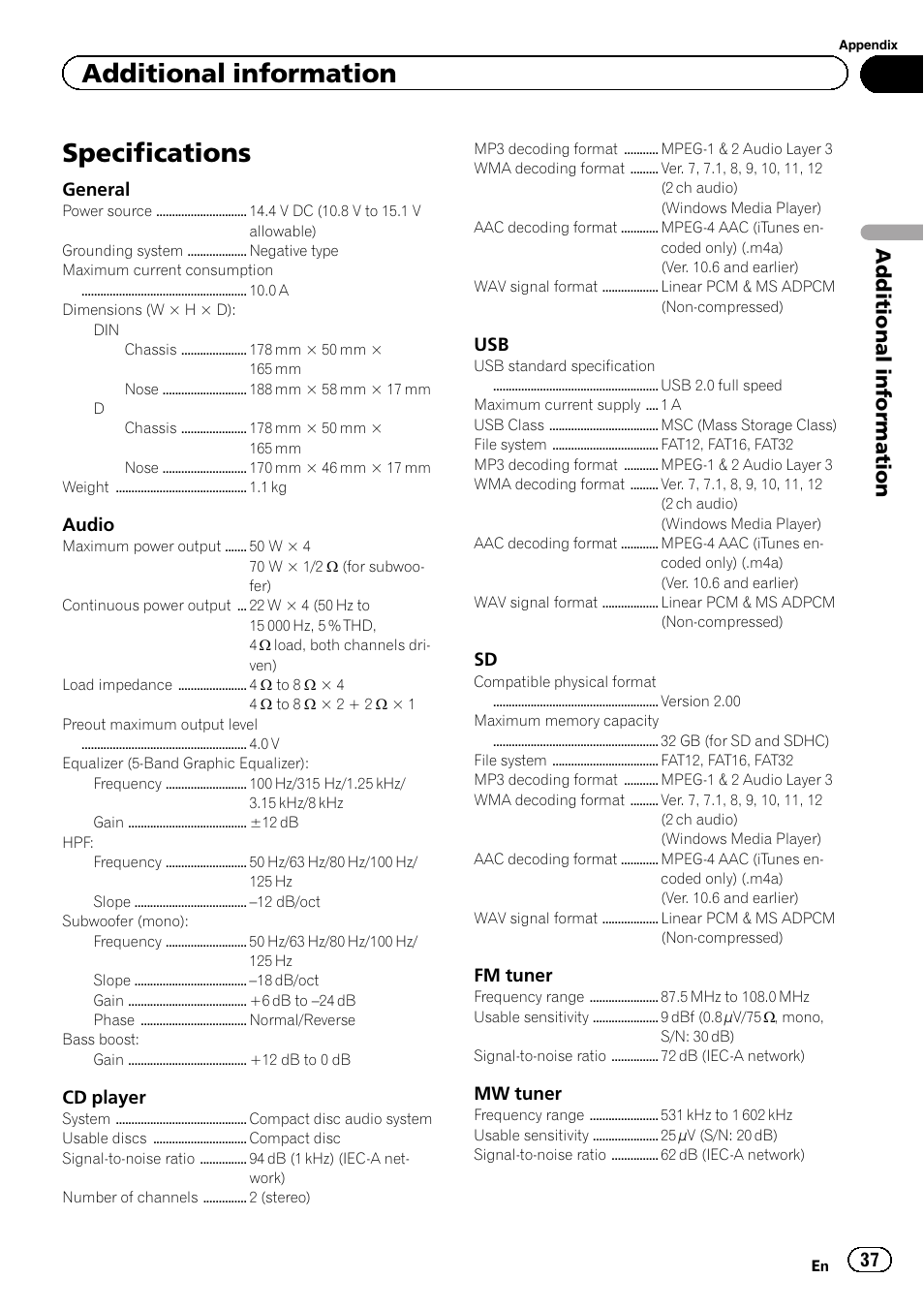 Specifications, Additional information | Pioneer DEH-X9500BT User Manual | Page 37 / 40