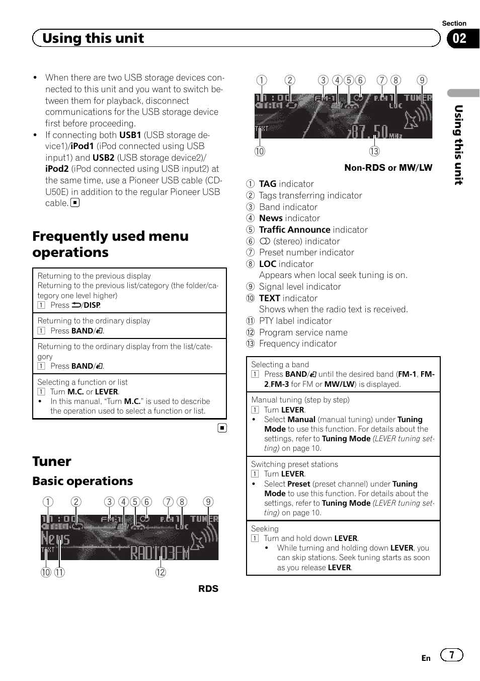 Frequently used menu operations, Tuner, Using this unit | Basic operations | Pioneer DEH-X9500BT User Manual | Page 7 / 40