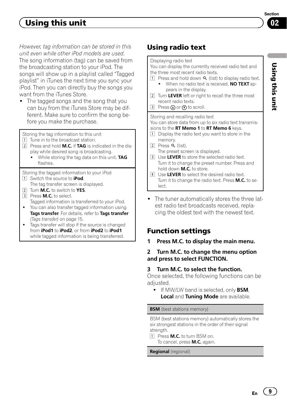 Using radio text, Function settings, Using this unit | Pioneer DEH-X9500BT User Manual | Page 9 / 40