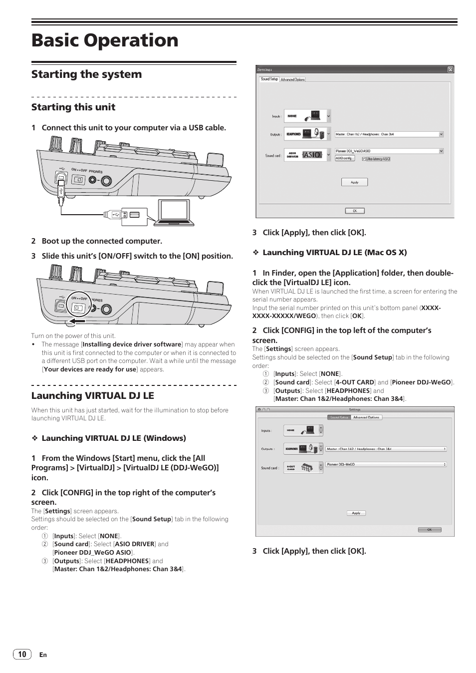 Basic operation, Starting the system, Starting this unit | Launching virtual dj le | Pioneer DDJ-WeGO-W User Manual | Page 10 / 20
