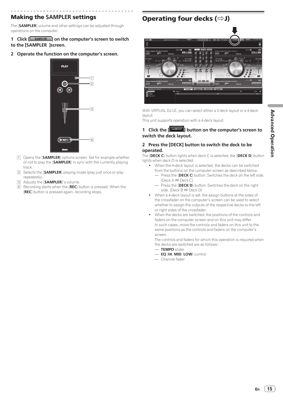 Operating four decks (>j), Operating four decks, Operating four decks ( r j) | Making the sampler settings | Pioneer DDJ-WeGO-W User Manual | Page 15 / 20
