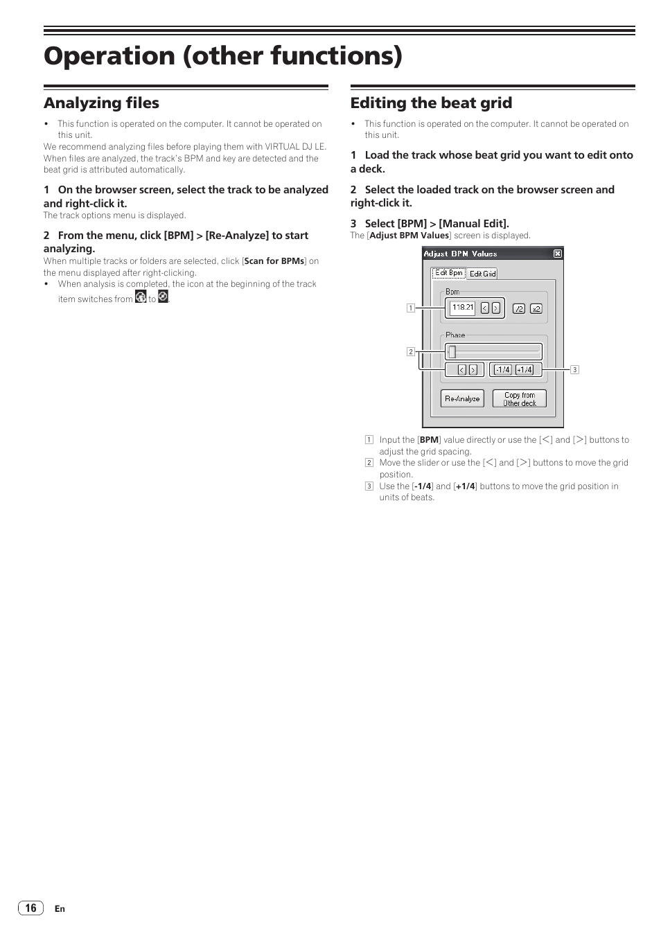 Operation (other functions), Analyzing files, Editing the beat grid | Analyzing files editing the beat grid | Pioneer DDJ-WeGO-W User Manual | Page 16 / 20