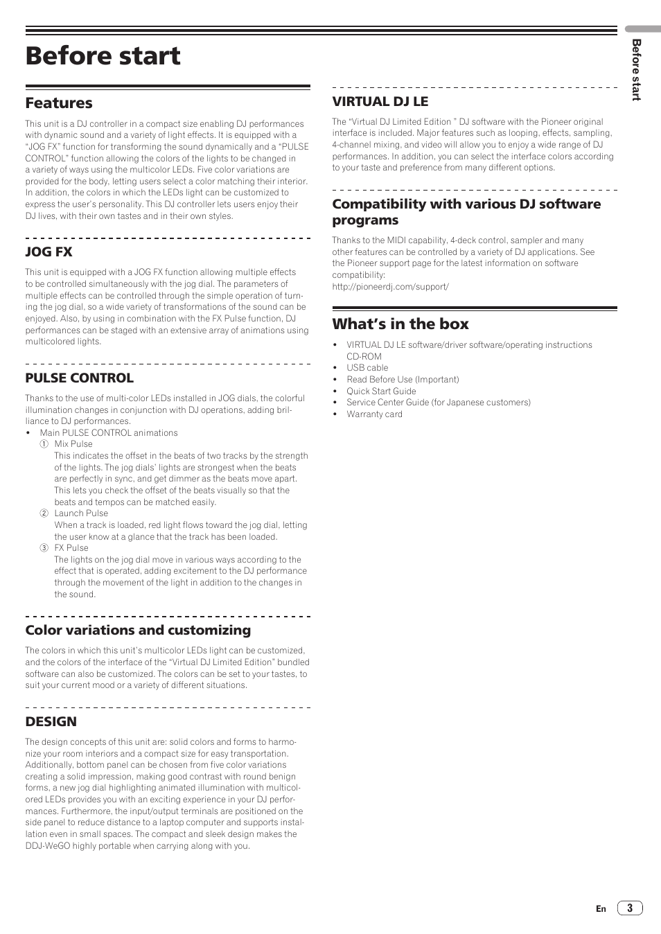 Before start, Features, What’s in the box | Features what’s in the box, Jog fx, Pulse control, Color variations and customizing, Design, Virtual dj le, Compatibility with various dj software programs | Pioneer DDJ-WeGO-W User Manual | Page 3 / 20