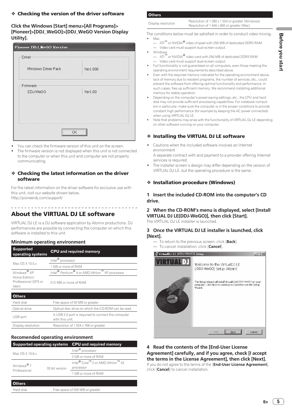 About the virtual dj le software, Before you start | Pioneer DDJ-WeGO-W User Manual | Page 5 / 20