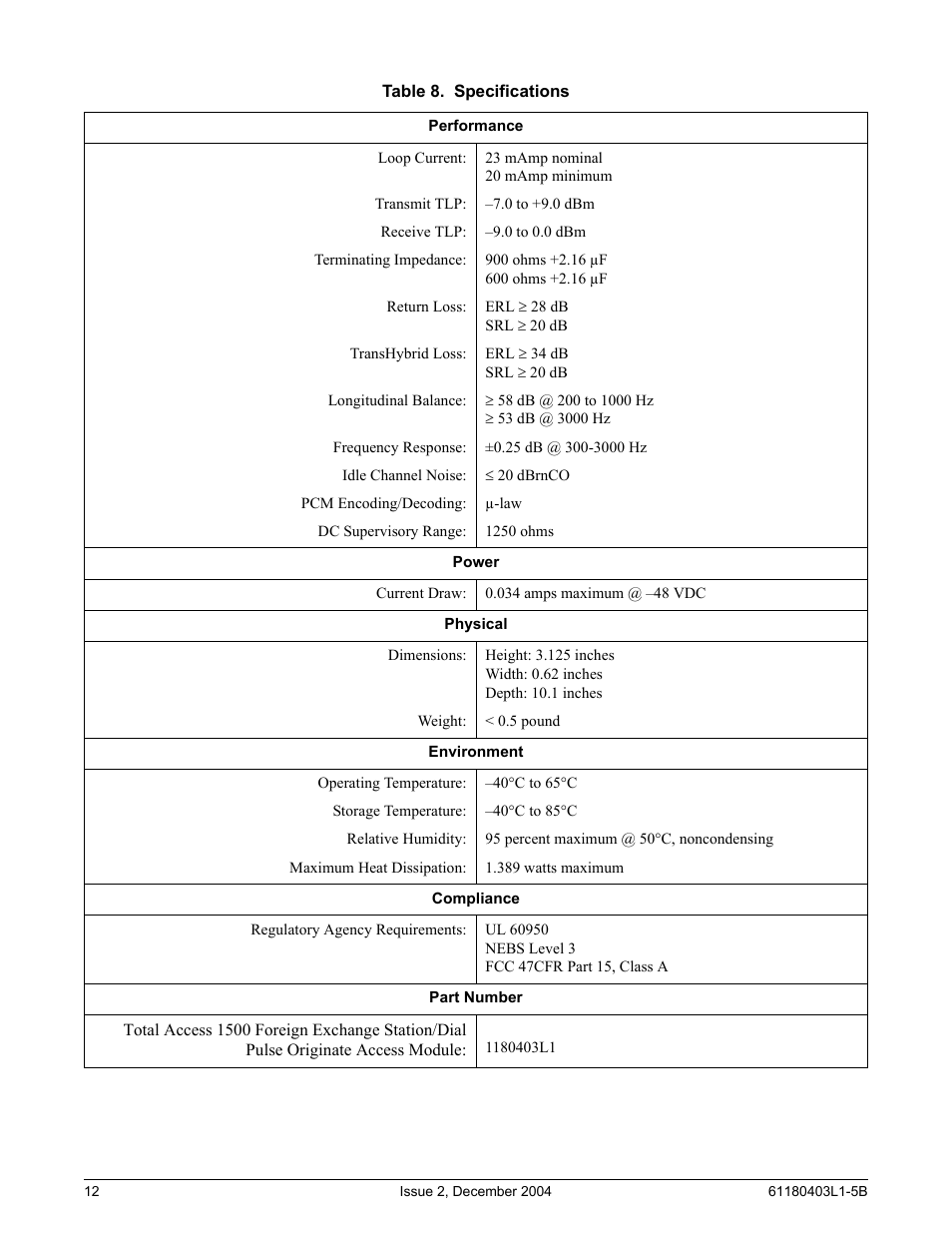 Table 8. specifications | ADTRAN FXS/DPO/PLAR 1109403L2 User Manual | Page 12 / 12