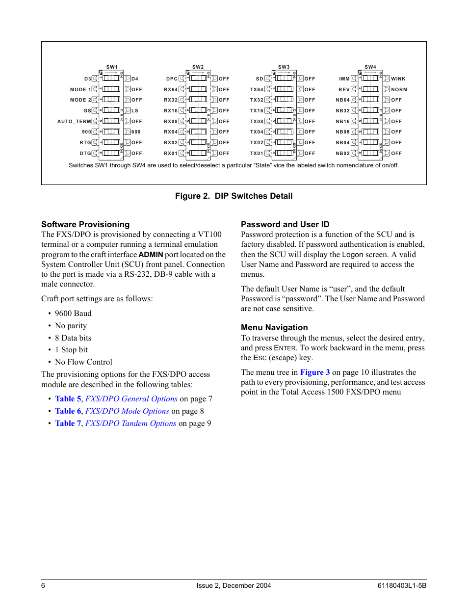 Software provisioning, Password and user id, Menu navigation | Figure 2. dip switches detail, Figure 2, Admin, Logon | ADTRAN FXS/DPO/PLAR 1109403L2 User Manual | Page 6 / 12