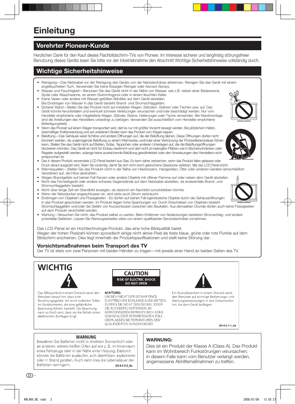 Einleitung, Verehrter pioneer-kunde, Wichtige sicherheitshinweise | Verehrter.pioneer-kunde, Wichtige.sicherheitshinweise, Vorsichtsmaßnahmen.beim.transport.des.tv | Pioneer KRL-46V User Manual | Page 100 / 338