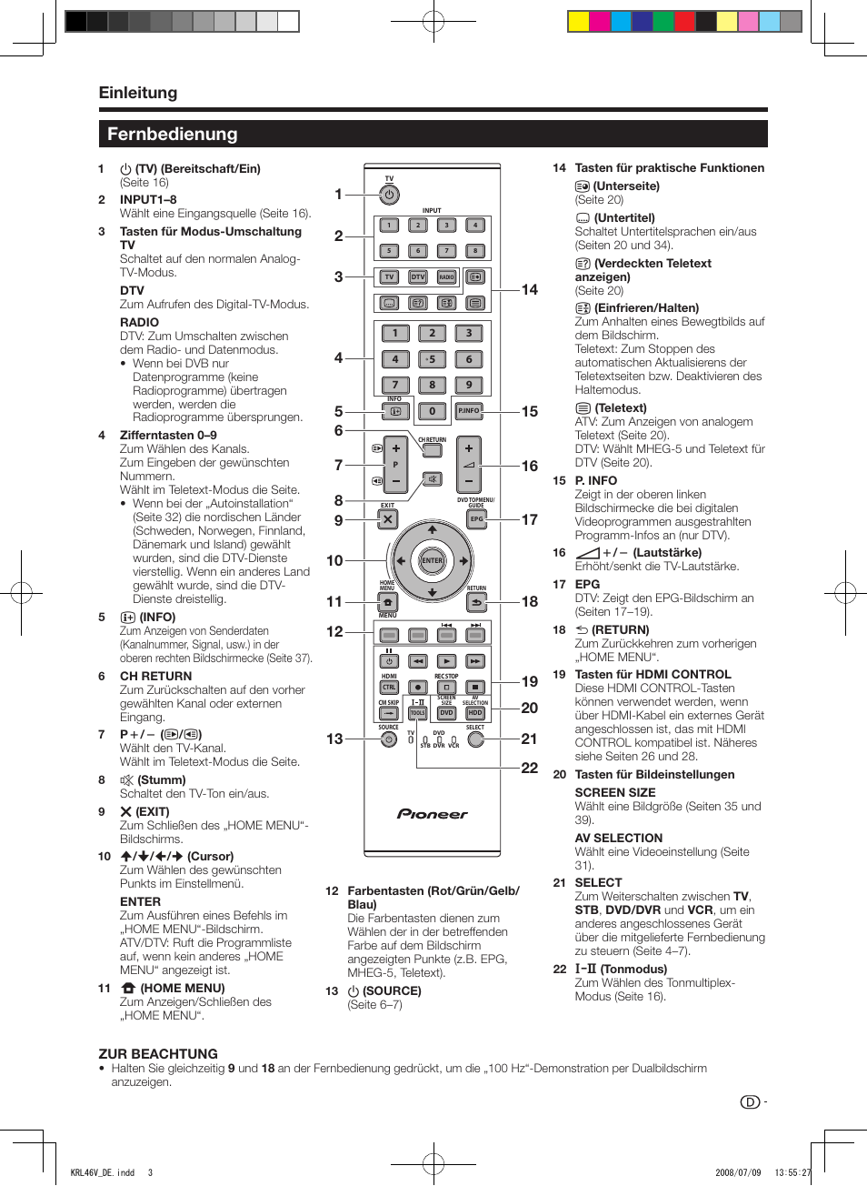 Fernbedienung, Einleitung | Pioneer KRL-46V User Manual | Page 101 / 338