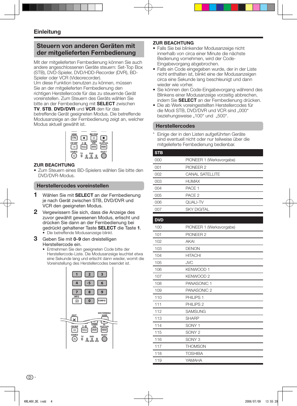 Steuern von anderen geräten mit der, Mitgelieferten fernbedienung, Einleitung | Herstellercodes.voreinstellen, Herstellercodes | Pioneer KRL-46V User Manual | Page 102 / 338