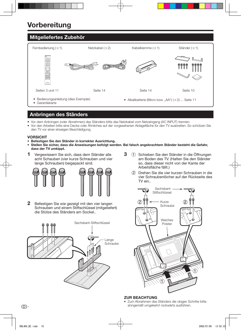 Vorbereitung, Mitgeliefertes zubehör, Anbringen des ständers | Mitgeliefertes.zubehör anbringen.des.ständers | Pioneer KRL-46V User Manual | Page 108 / 338