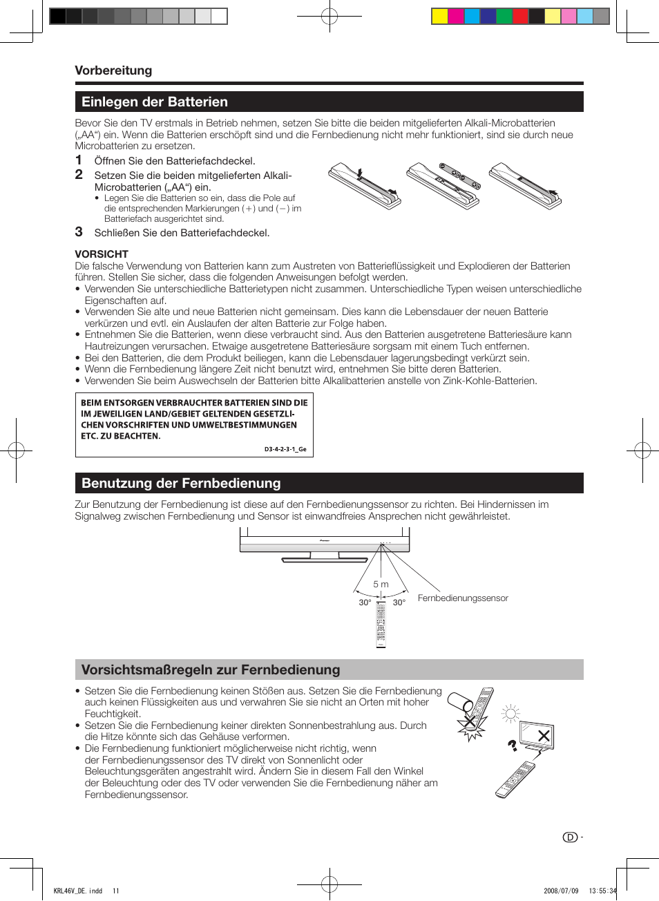 Einlegen der batterien, Benutzung der fernbedienung, Vorsichtsmaßregeln zur fernbedienung | Einlegen.der.batterien, Vorsichtsmaßregeln.zur.fernbedienung, Benutzung.der.fernbedienung, Vorbereitung | Pioneer KRL-46V User Manual | Page 109 / 338