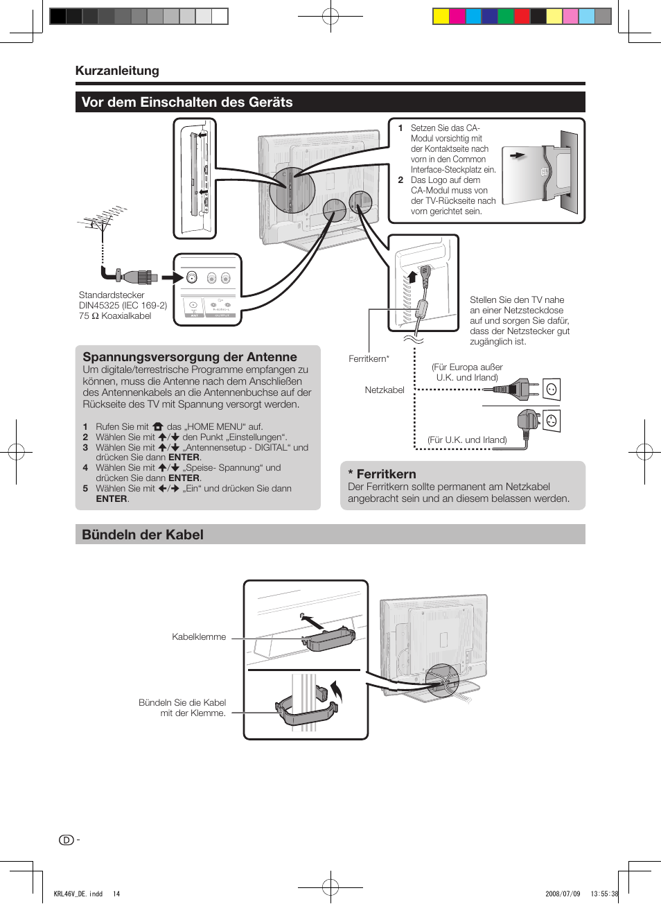 Vor dem einschalten des geräts, Bündeln der kabel, Bündeln.der.kabel vor.dem.einschalten.des.geräts | Kurzanleitung, Ferritkern, Spannungsversorgung.der.antenne | Pioneer KRL-46V User Manual | Page 112 / 338