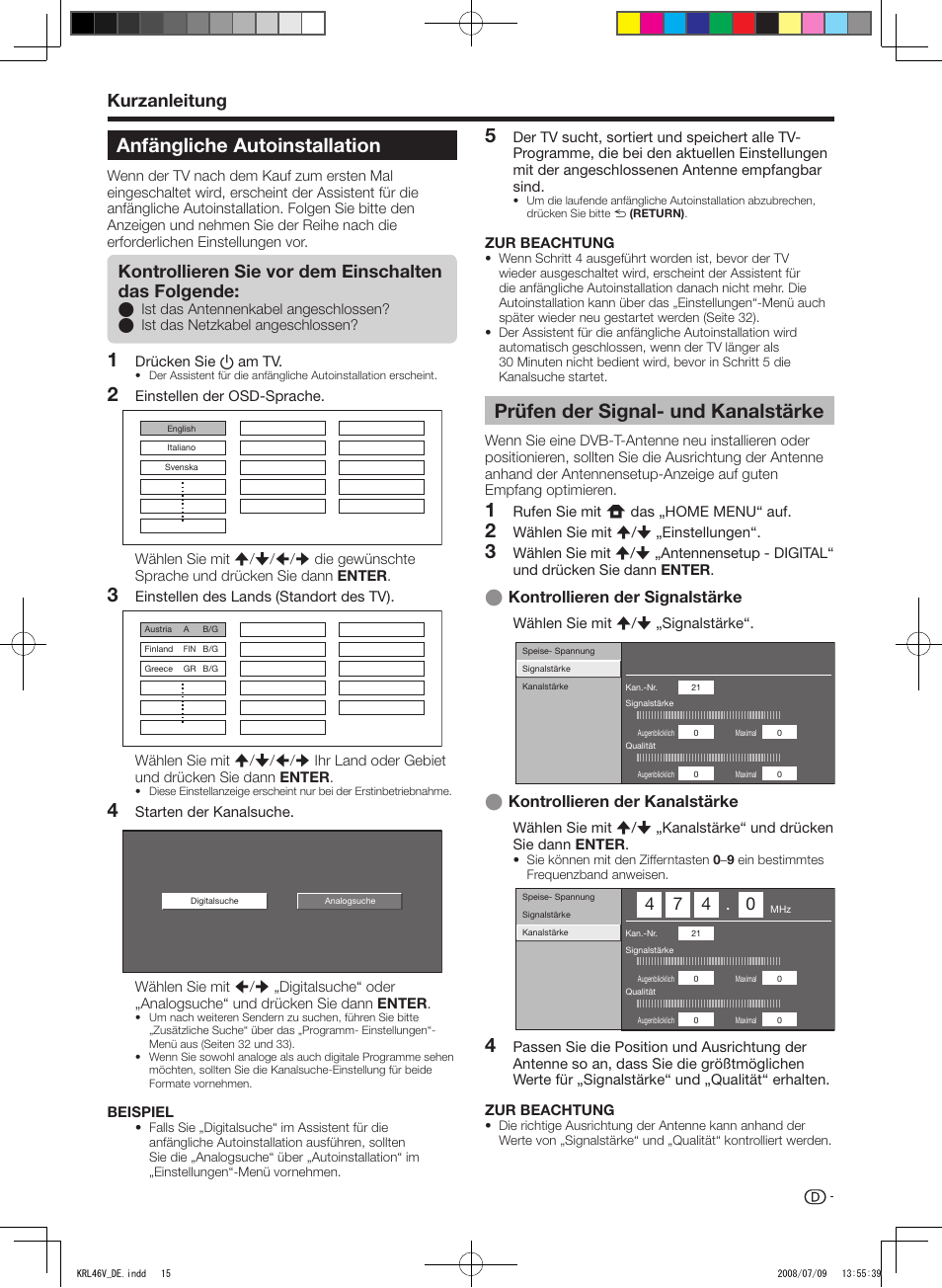 Anfängliche autoinstallation, Prüfen der signal- und kanalstärke, Anfängliche.autoinstallation | Prüfen.der.signal-.und.kanalstärke, Kurzanleitung, Kontrollieren.der.signalstärke, Kontrollieren.der.kanalstärke | Pioneer KRL-46V User Manual | Page 113 / 338