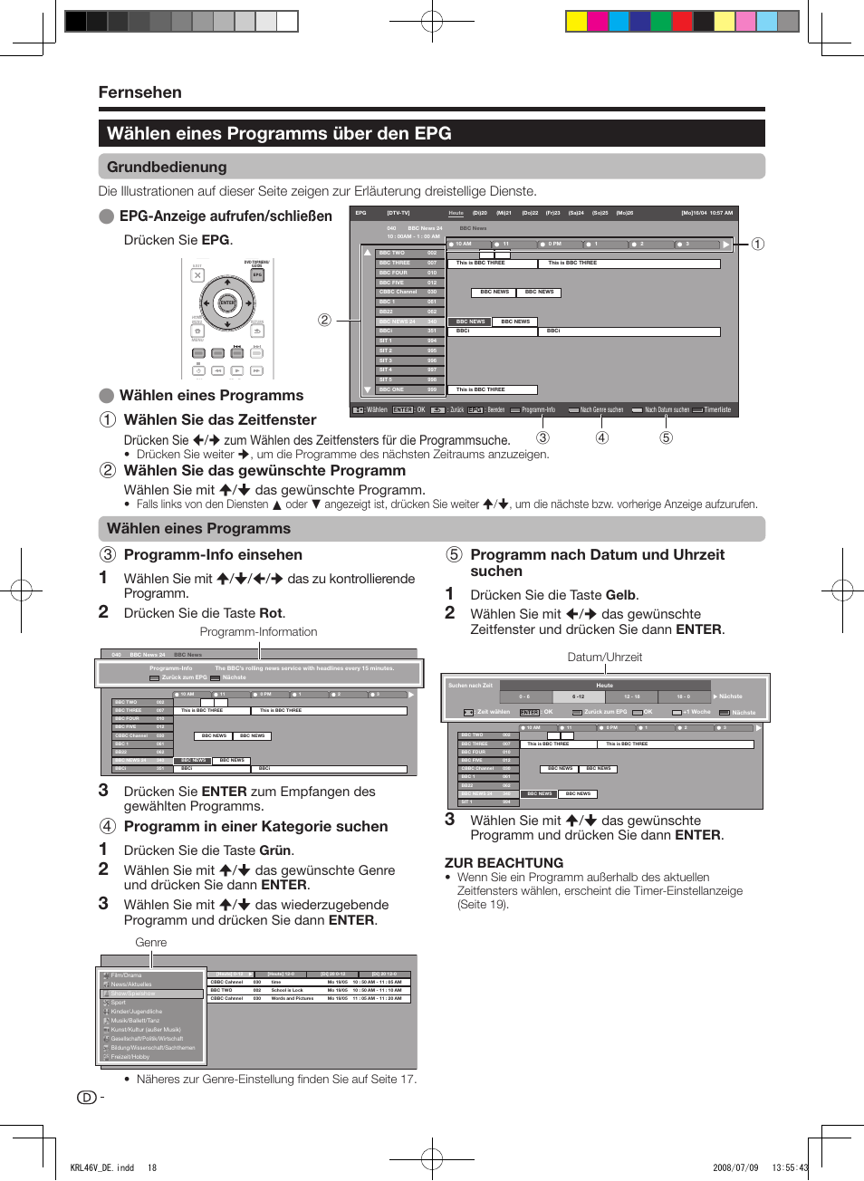 Wählen eines programms über den epg, Wählen.eines.programms.über.den.epg, Fernsehen | Programm-info.einsehen, Programm.in.einer.kategorie.suchen, Programm.nach.datum.und.uhrzeit. suchen, Wählen.eines.programms wählen.sie.das.zeitfenster, Grundbedienung, Epg-anzeige.aufrufen/schließen, Ewählen.eines.programms | Pioneer KRL-46V User Manual | Page 116 / 338