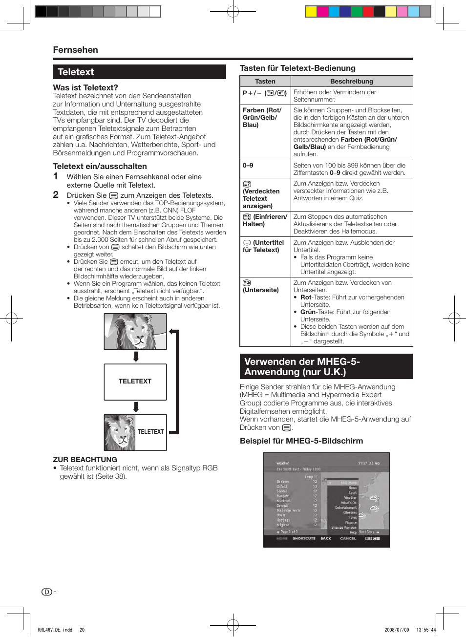 Teletext, Verwenden der mheg-5-anwendung (nur u.k.), Verwenden.der.mheg-5- anwendung.(nur.u.k.) | Fernsehen | Pioneer KRL-46V User Manual | Page 118 / 338