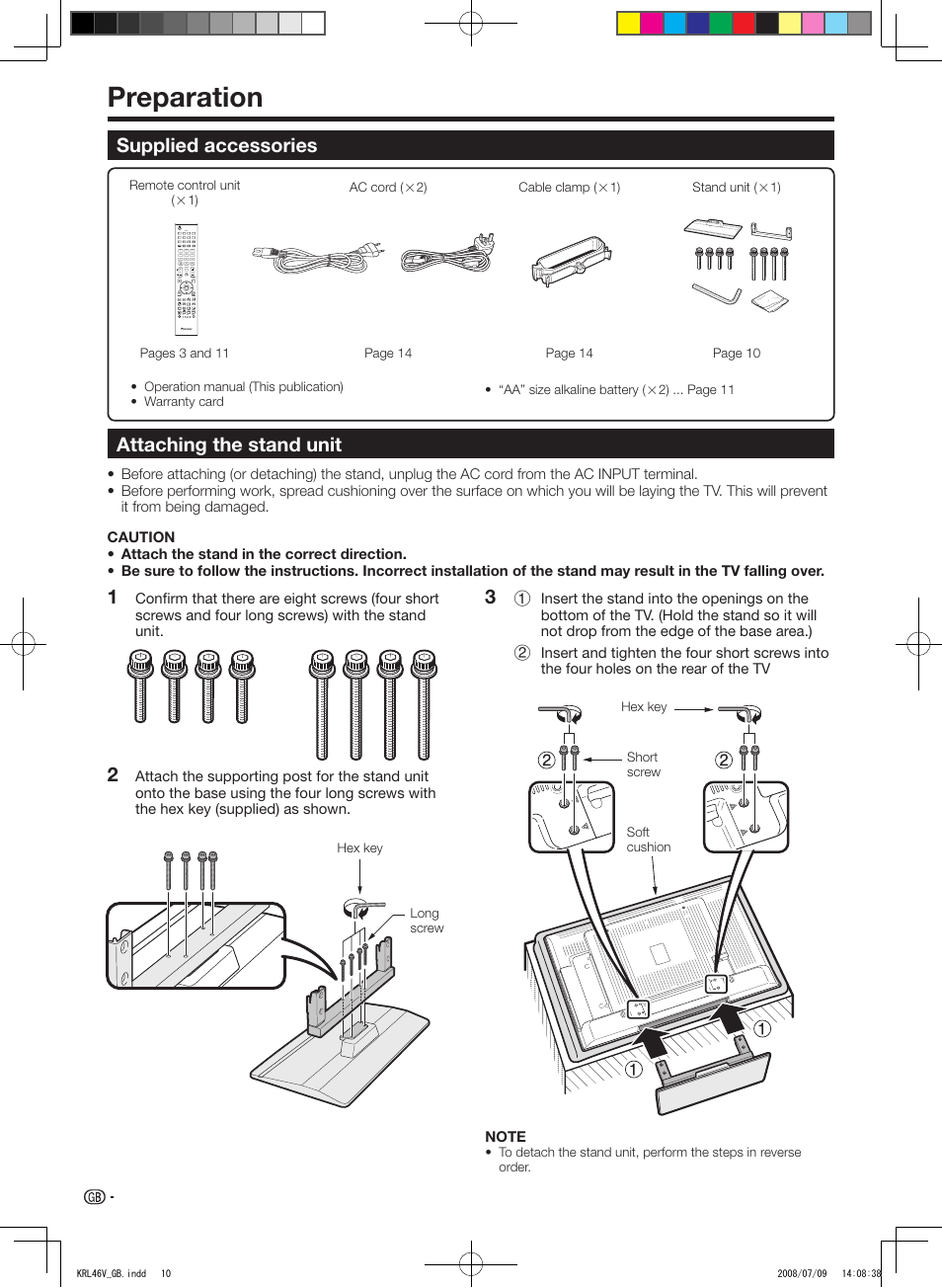 Preparation, Supplied accessories, Attaching the stand unit | Supplied accessories attaching the stand unit | Pioneer KRL-46V User Manual | Page 12 / 338