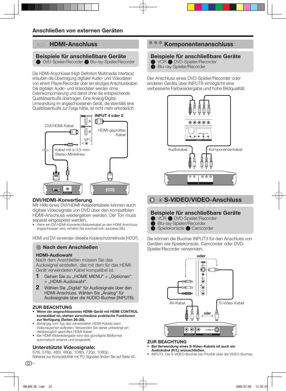 Hdmi-anschluss, Komponentenanschluss, S-video/video-anschluss | Anschließen.von.externen.geräten, Beispiele.für.anschließbare.geräte, Dvi/hdmi-konvertierung, Unterstützte.videosignale, Nach.dem.anschließen | Pioneer KRL-46V User Manual | Page 120 / 338