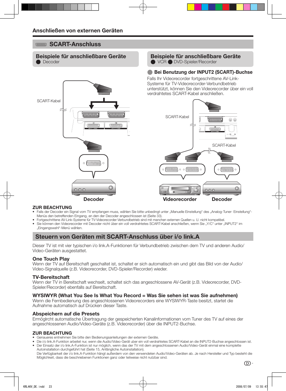 Scart-anschluss, Steuern von geräten mit scart-anschluss über, I/o link.a | Anschließen.von.externen.geräten, Beispiele.für.anschließbare.geräte | Pioneer KRL-46V User Manual | Page 121 / 338