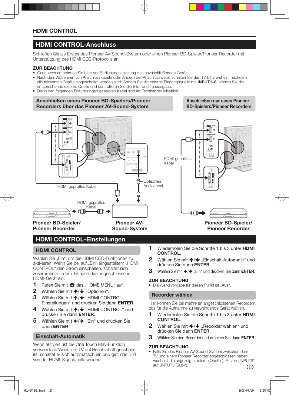 Hdmi control-anschluss, Hdmi control-einstellungen, Hdmi.control-anschluss | Pioneer KRL-46V User Manual | Page 125 / 338