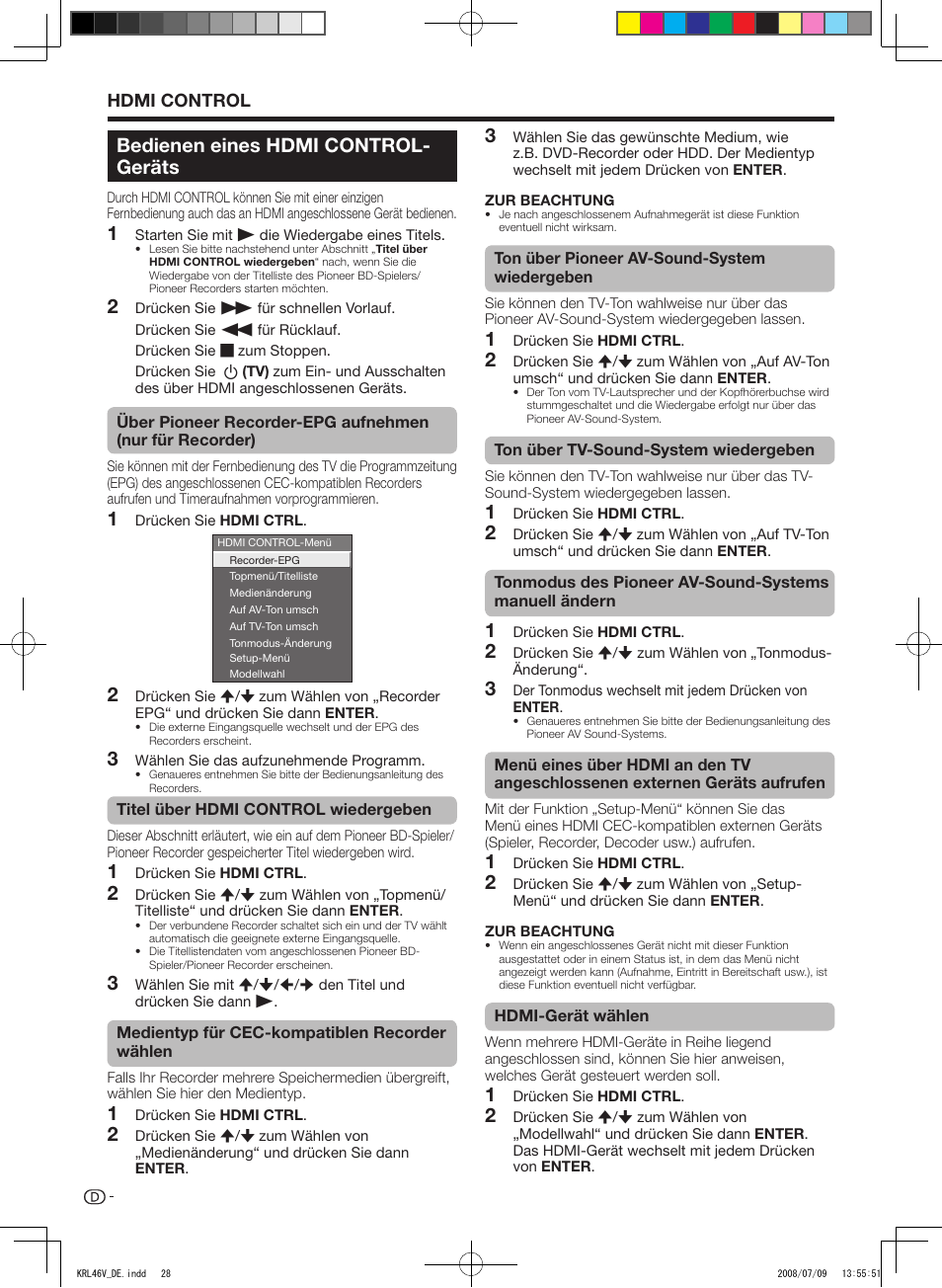 Bedienen eines hdmi control-geräts, Bedienen.eines.hdmi.control- geräts, Hdmi.control | Pioneer KRL-46V User Manual | Page 126 / 338