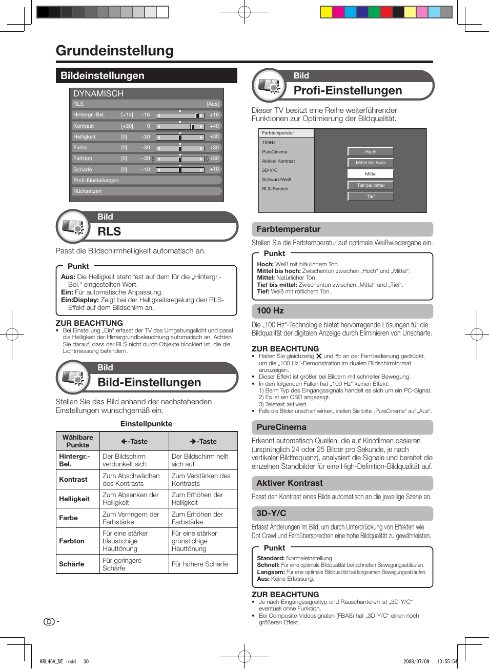 Grundeinstellung, Bildeinstellungen, Profi-einstellungen | Bild-einstellungen, Farbtemperatur, Dynamisch 100.hz, Purecinema, Aktiver.kontrast, 3d-y/c, Bild | Pioneer KRL-46V User Manual | Page 128 / 338