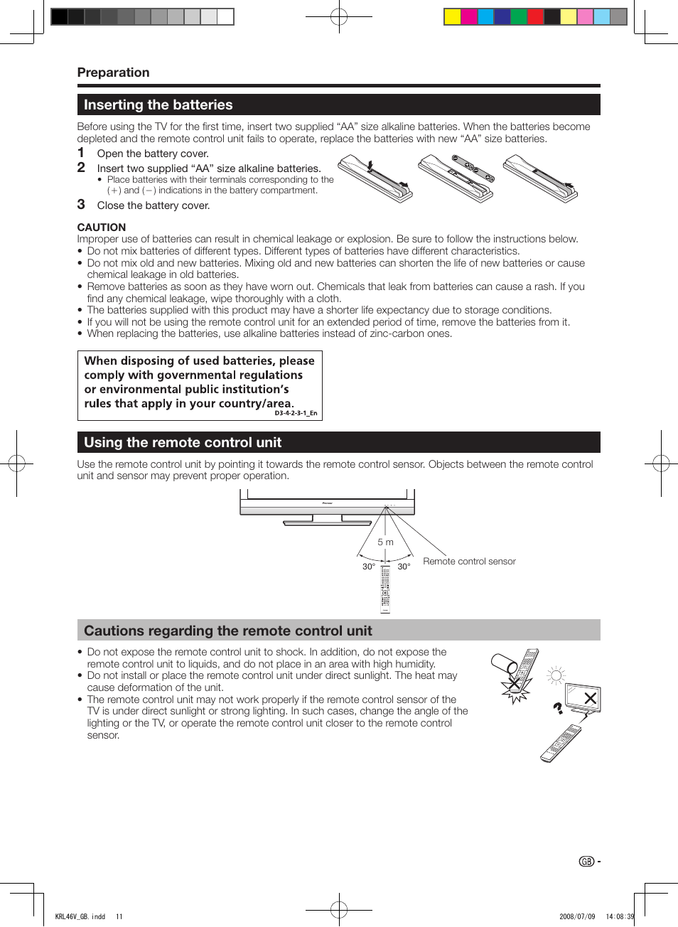 Inserting the batteries, Using the remote control unit, Cautions regarding the remote control unit | Preparation | Pioneer KRL-46V User Manual | Page 13 / 338