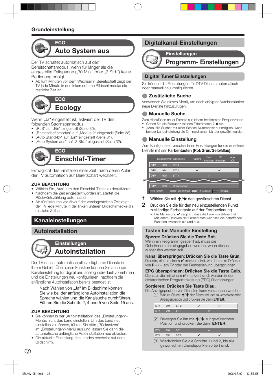 Kanaleinstellungen, Autoinstallation, Digitalkanal-einstellungen | Ecology, Programm-.einstellungen, Auto.system.aus, Einschlaf-timer, Kanaleinstellungen autoinstallation, Grundeinstellung, Einstellungen | Pioneer KRL-46V User Manual | Page 130 / 338