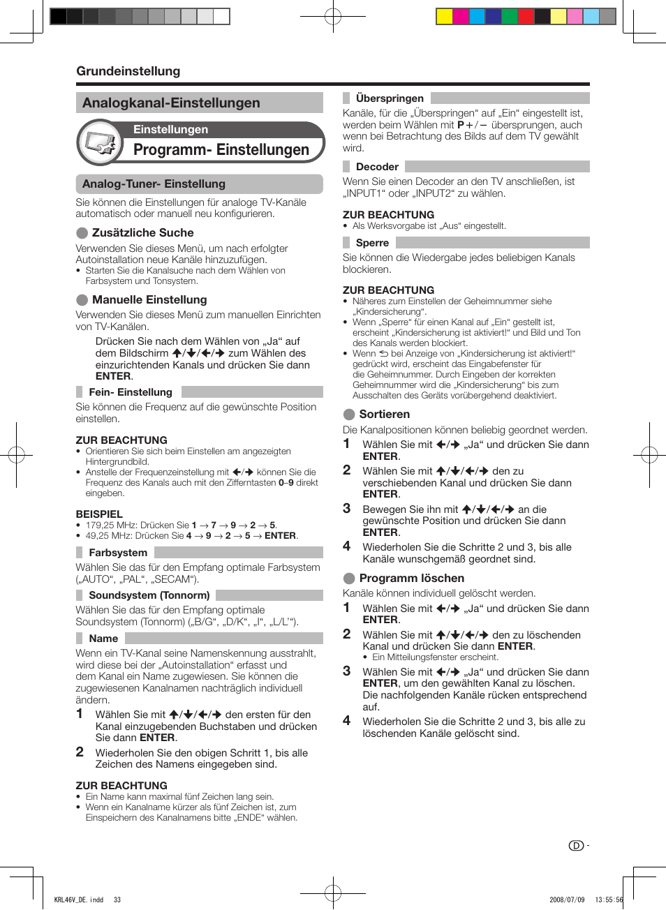 Analogkanal-einstellungen, Programm-.einstellungen, Grundeinstellung | Pioneer KRL-46V User Manual | Page 131 / 338