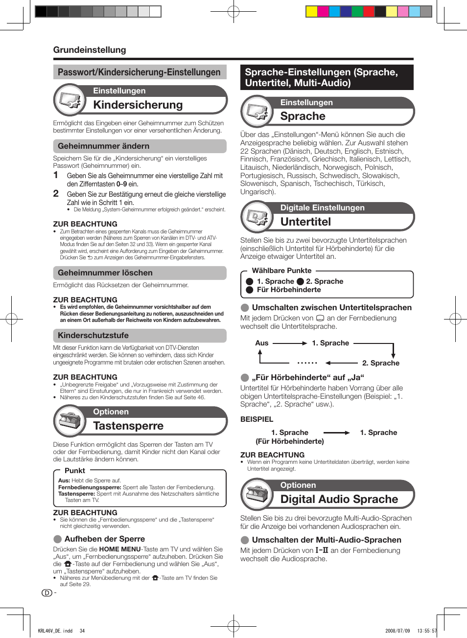 Passwort/kindersicherung-einstellungen, Kindersicherung, Sprache | Untertitel, Digital.audio.sprache, Tastensperre, Grundeinstellung | Pioneer KRL-46V User Manual | Page 132 / 338