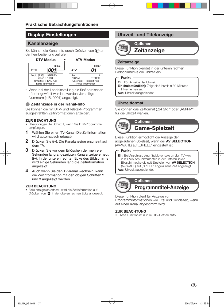 Display-einstellungen, Kanalanzeige, Uhrzeit- und titelanzeige | Zeitanzeige, Game-spielzeit, Programmtitel-anzeige, Display-einstellungen kanalanzeige, Uhrzeit-.und.titelanzeige, Praktische.betrachtungsfunktionen | Pioneer KRL-46V User Manual | Page 135 / 338