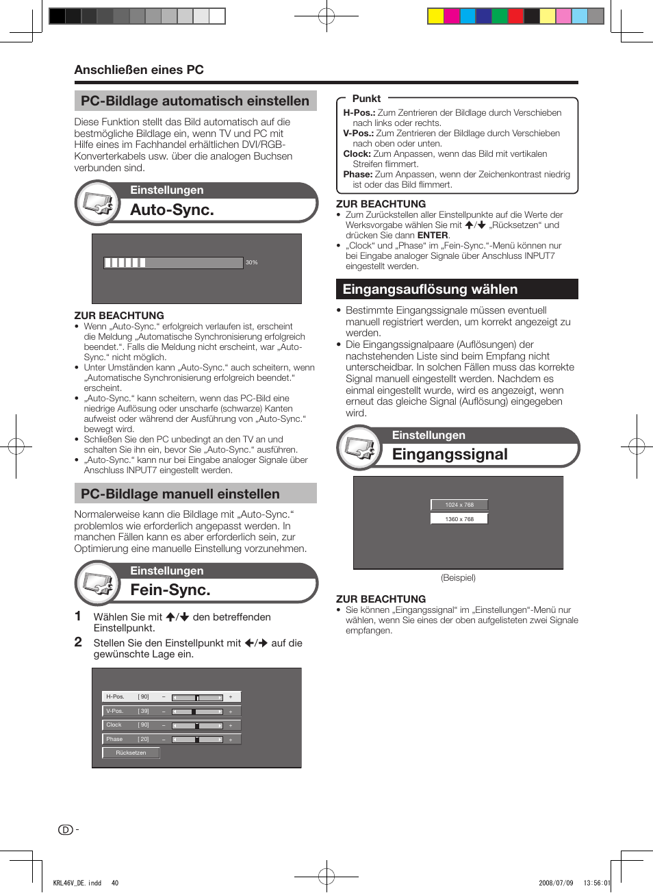 Pc-bildlage automatisch einstellen, Pc-bildlage manuell einstellen, Eingangsauflösung wählen | Fein-sync, Eingangssignal, Auto-sync, Eingangsauflösung.wählen, Pc-bildlage.manuell.einstellen, Pc-bildlage.automatisch.einstellen, Anschließen.eines.pc | Pioneer KRL-46V User Manual | Page 138 / 338