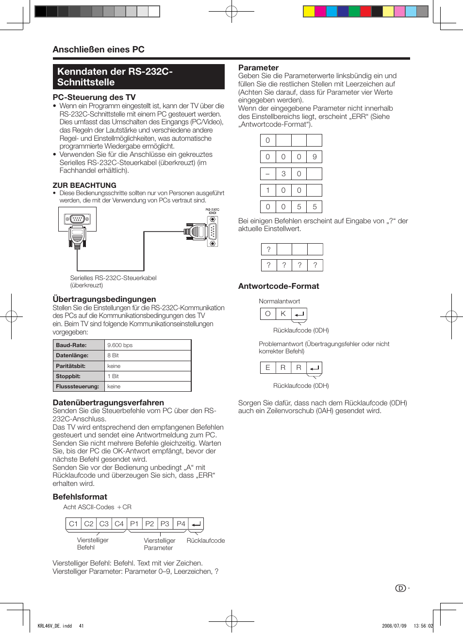 Kenndaten der rs-232c-schnittstelle, Kenndaten.der.rs-232c- schnittstelle, Anschließen.eines.pc | Pioneer KRL-46V User Manual | Page 139 / 338