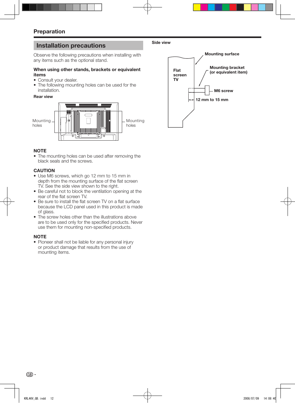 Installation precautions, Preparation | Pioneer KRL-46V User Manual | Page 14 / 338