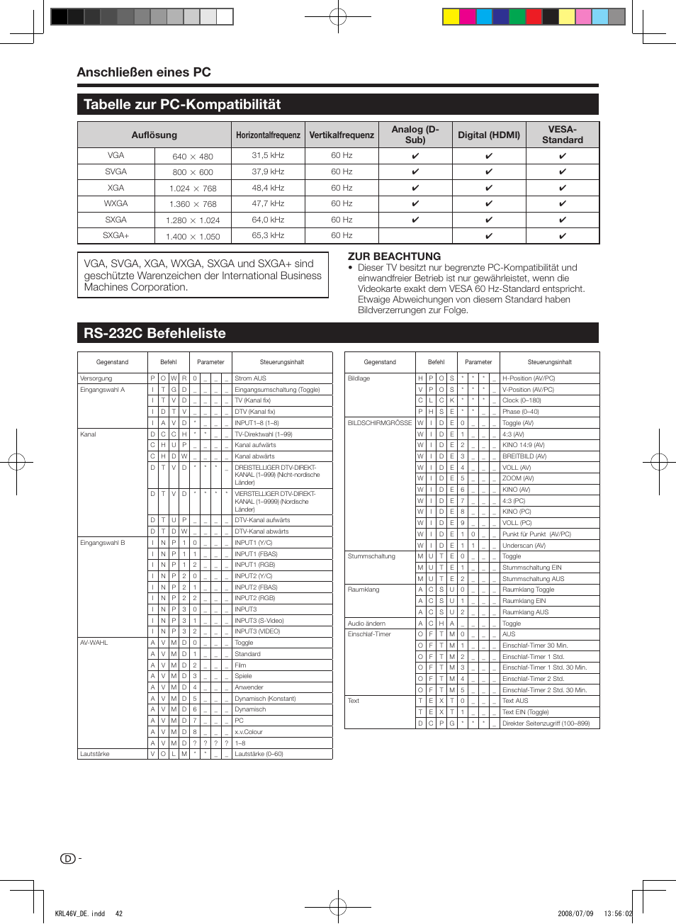 Tabelle zur pc-kompatibilität, Rs-232c befehleliste, Tabelle.zur.pc-kompatibilität | Rs-232c.befehleliste, Anschließen.eines.pc, Zur.beachtung | Pioneer KRL-46V User Manual | Page 140 / 338