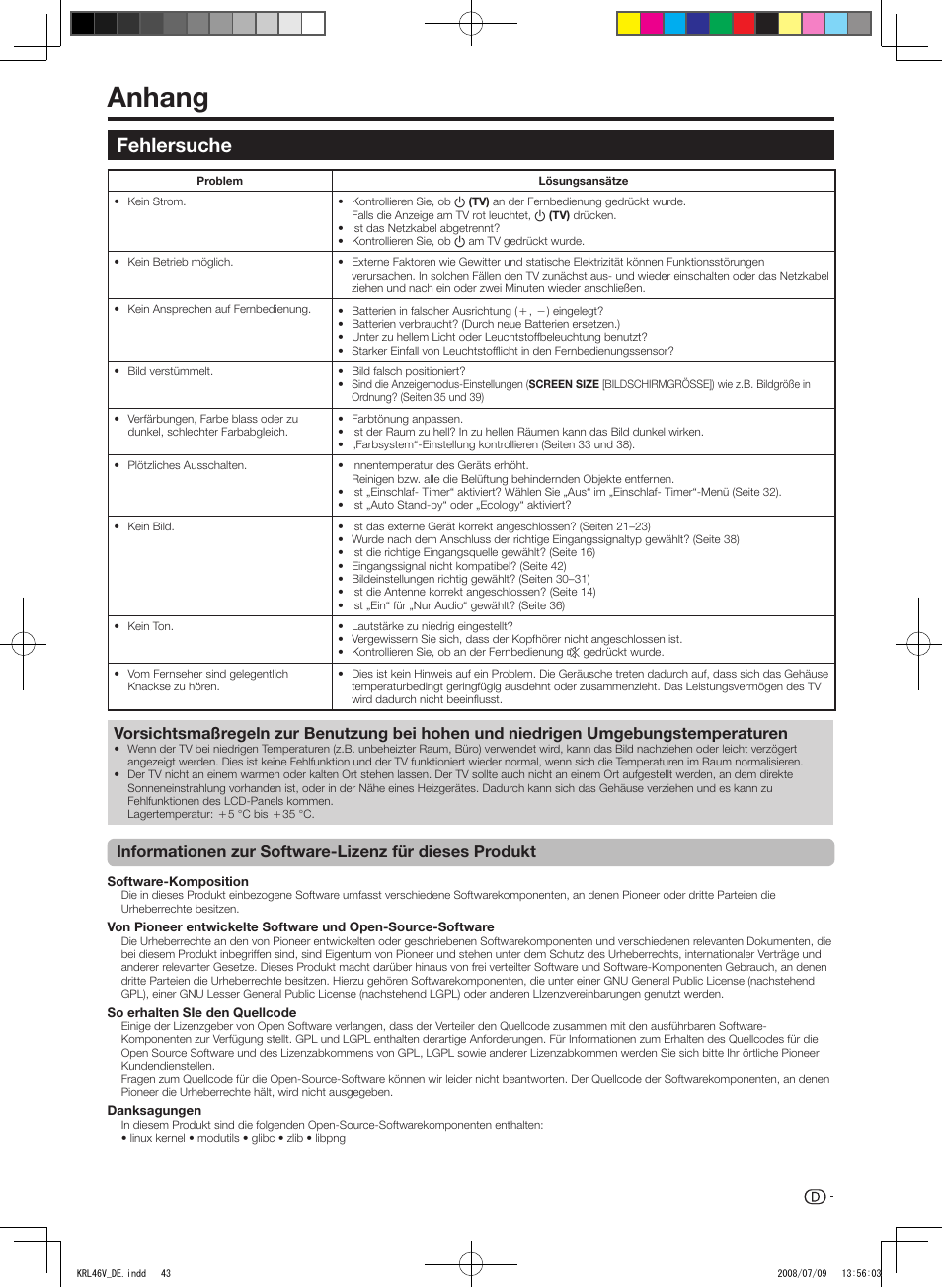 Anhang, Fehlersuche | Pioneer KRL-46V User Manual | Page 141 / 338