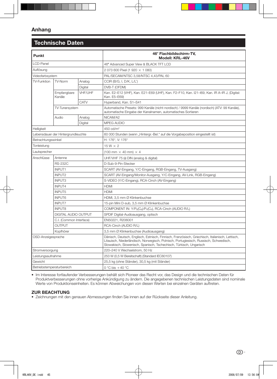 Technische daten, Technische.daten, Anhang | Pioneer KRL-46V User Manual | Page 143 / 338