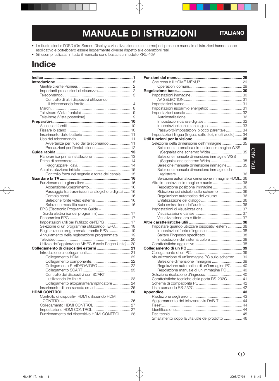 Manuale di istruzioni, Indice, Italiano | Pioneer KRL-46V User Manual | Page 147 / 338